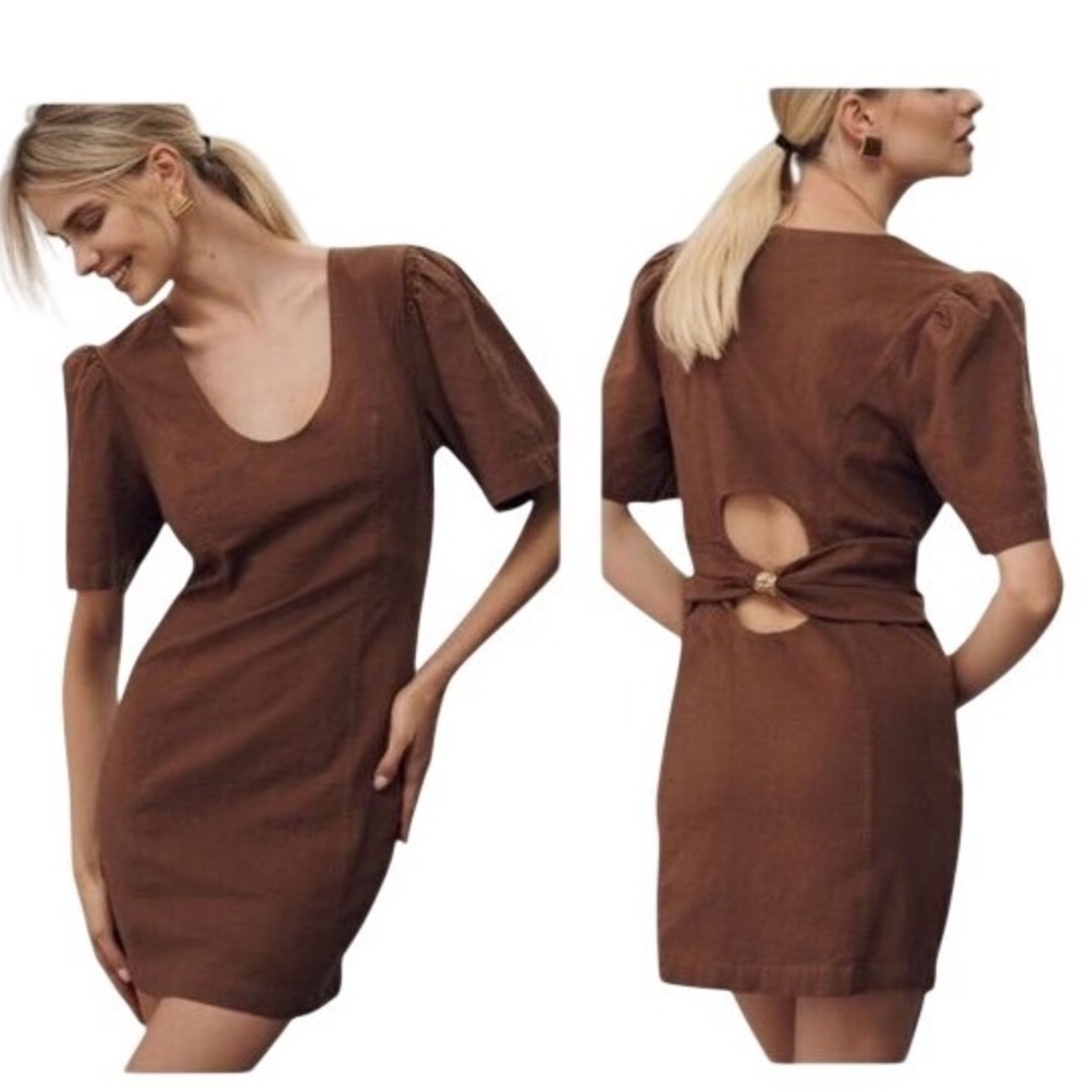 Anthropologie Maeve Brown Linen Blend Cutout Back Mini Dress Medium